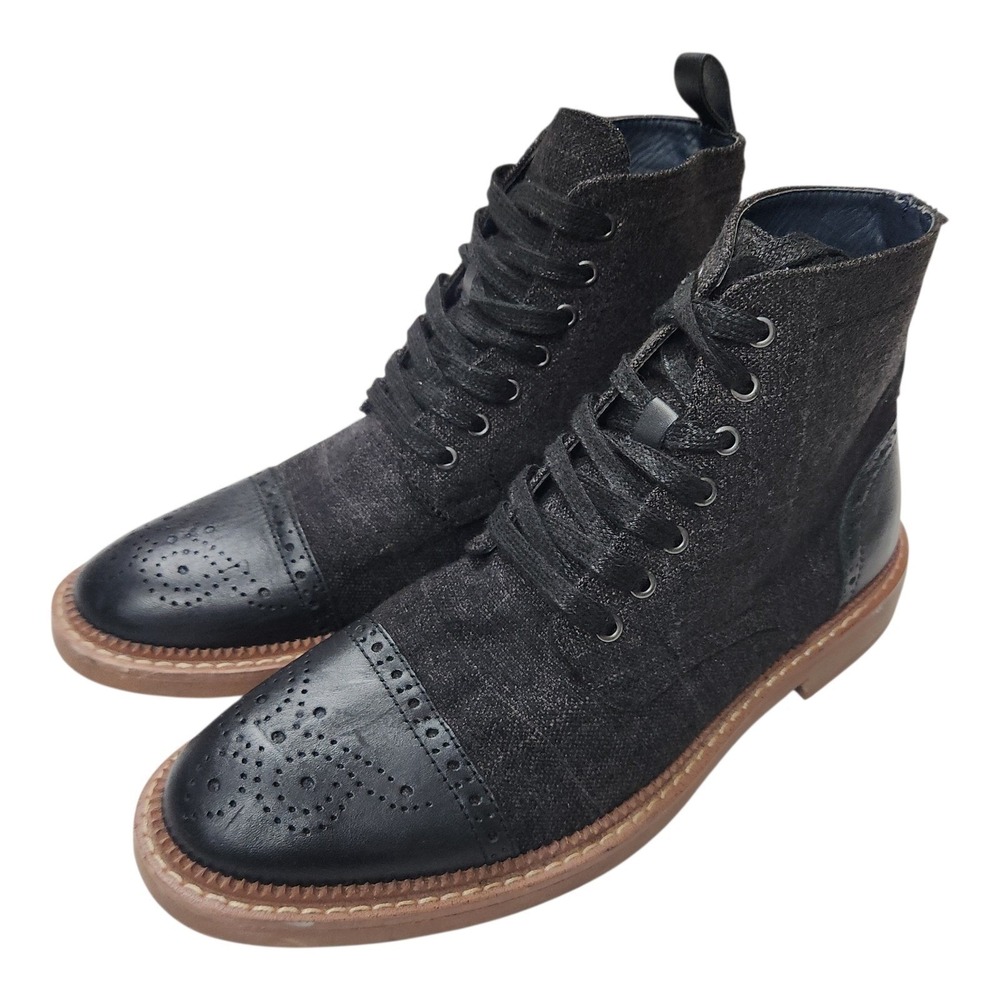 La Milano Andrew II Boots 8 Black Leather Fabric Wingtip Brogue Cap Toe Lace Up